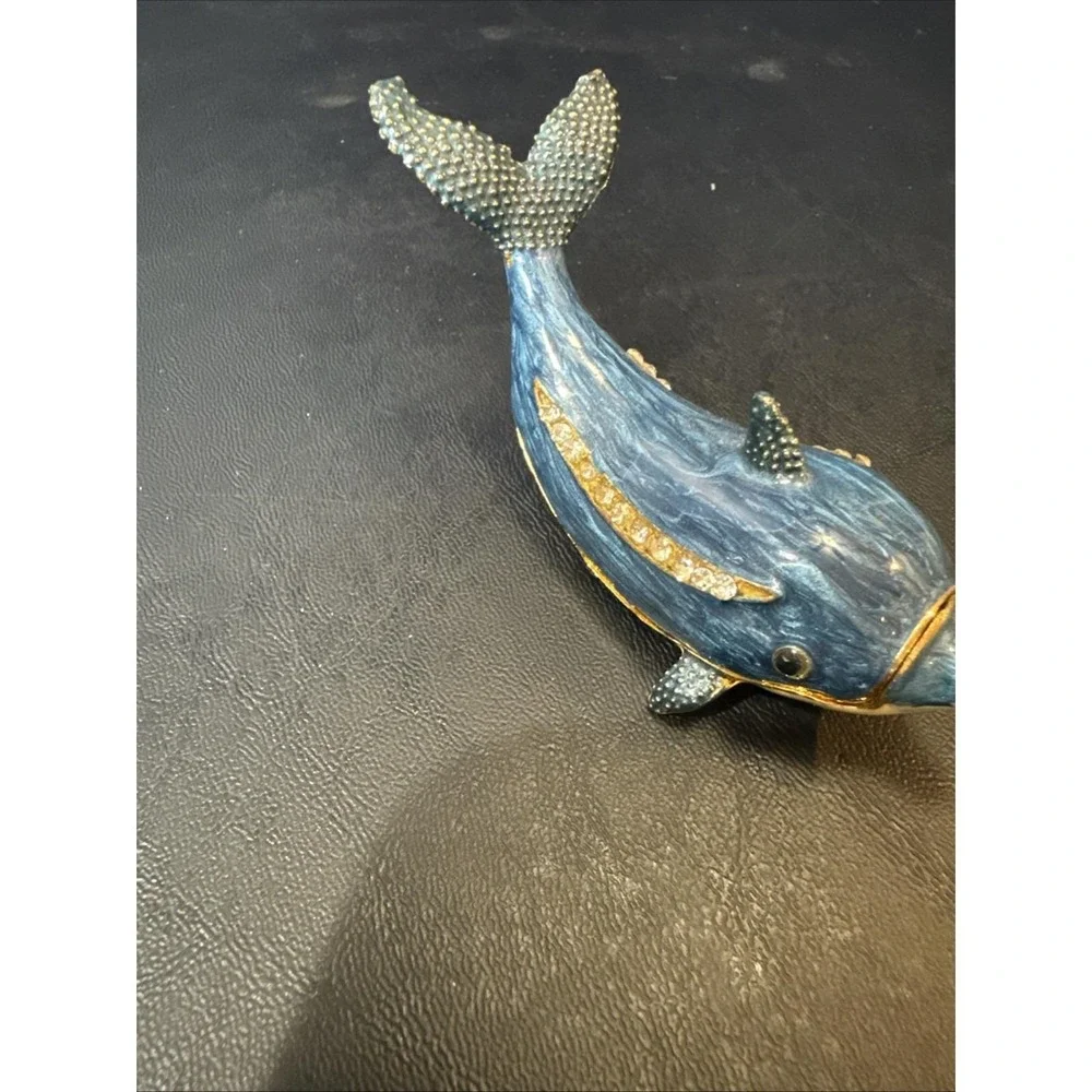Enamel Trinket Box‎ Blue Dolphin Porpoise Fish Rhinestones Ocean Beach 3 1/2
